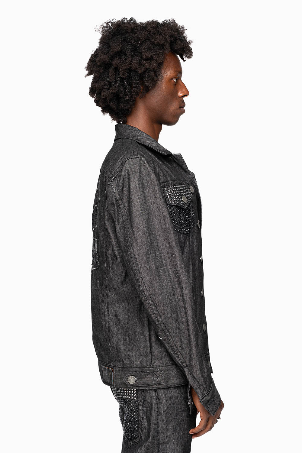 MOTORCYCLE CLUB DENIM JACKET IN BLK RAW DENIM WITH PATCHES STUDS AND CRYSTALS