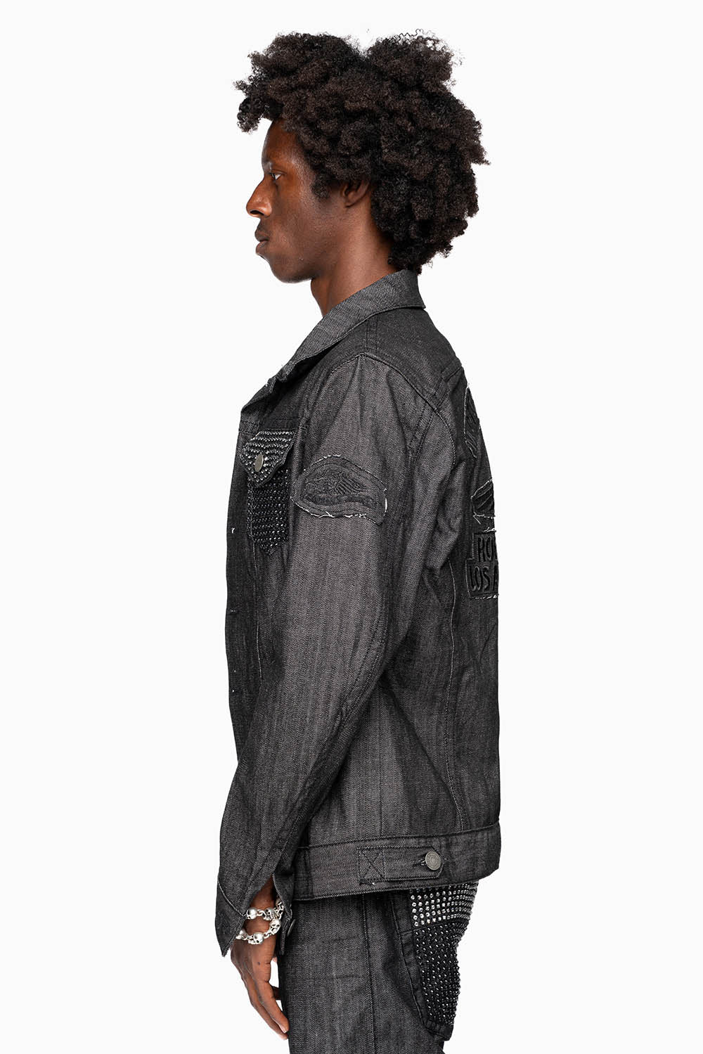 MOTORCYCLE CLUB DENIM JACKET IN BLK RAW DENIM WITH PATCHES STUDS AND CRYSTALS