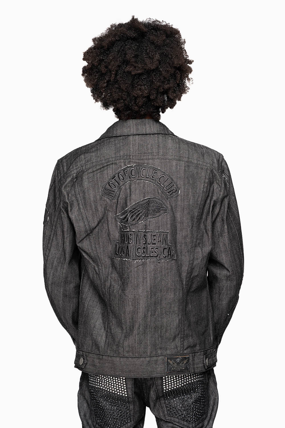 MOTORCYCLE CLUB DENIM JACKET IN BLK RAW DENIM WITH PATCHES STUDS AND CRYSTALS