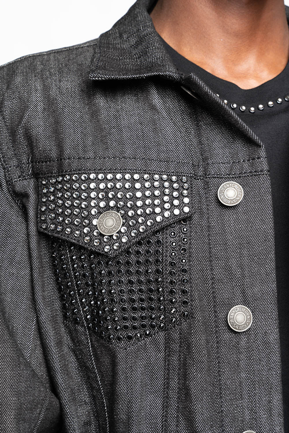 MOTORCYCLE CLUB DENIM JACKET IN BLK RAW DENIM WITH PATCHES STUDS AND CRYSTALS