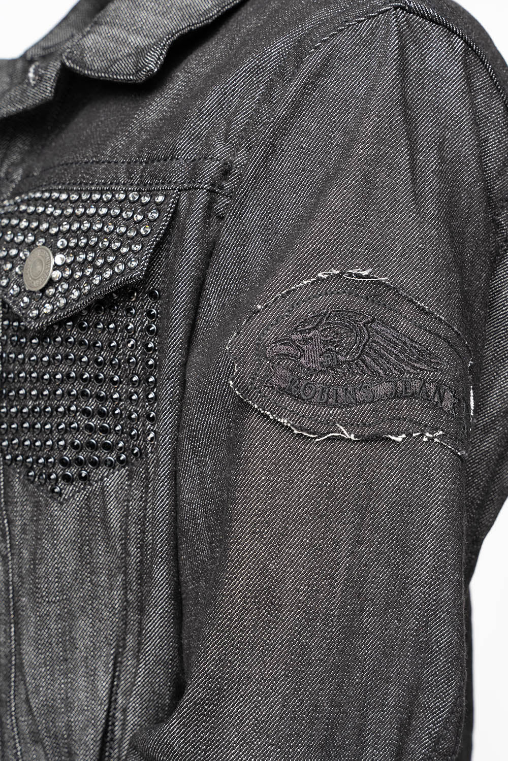 MOTORCYCLE CLUB DENIM JACKET IN BLK RAW DENIM WITH PATCHES STUDS AND CRYSTALS