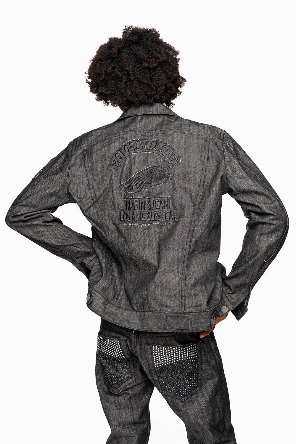 MOTORCYCLE CLUB DENIM JACKET IN BLK RAW DENIM WITH PATCHES STUDS AND CRYSTALS
