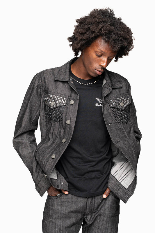 MOTORCYCLE CLUB DENIM JACKET IN BLK RAW DENIM WITH PATCHES STUDS AND CRYSTALS