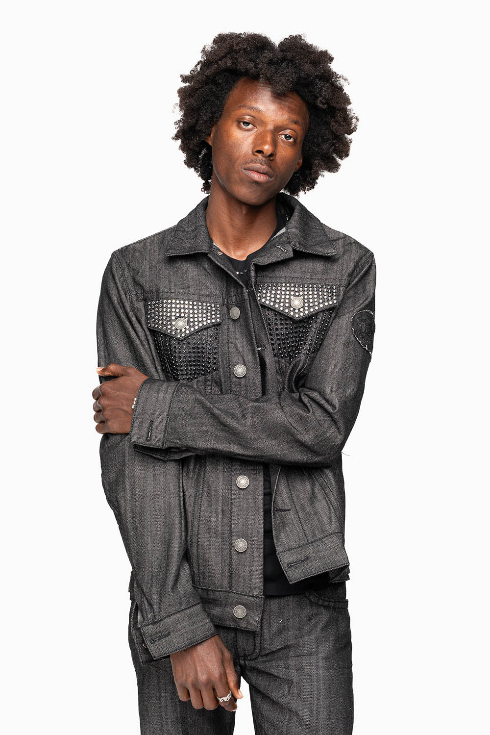 MOTORCYCLE CLUB DENIM JACKET IN BLK RAW DENIM WITH PATCHES STUDS AND CRYSTALS