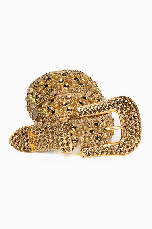 ROBIN'S JEAN BLK LEATHER BELT WITH AURUM CRYSTALS & PARACHUTE STUDS