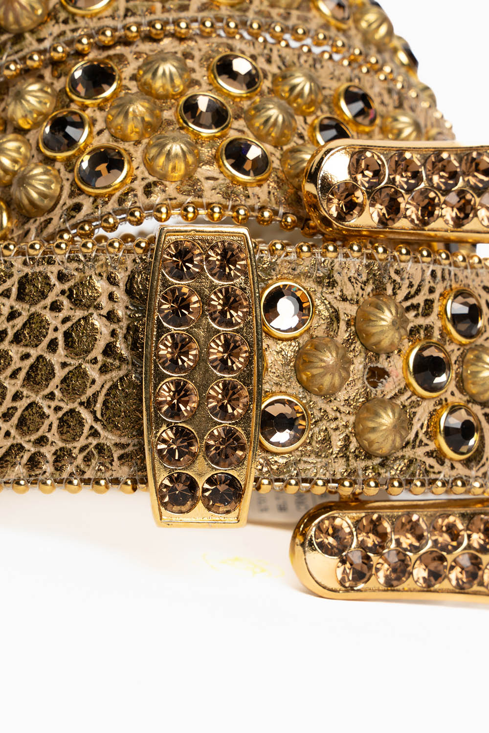 ROBIN'S JEAN BLK LEATHER BELT WITH AURUM CRYSTALS & PARACHUTE STUDS