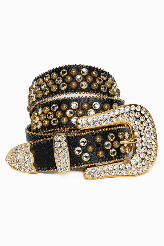 ROBIN'S JEAN BLK LEATHER BELT WITH CLEAR CRYSTALS & GOLD PARACHUTE STUDS