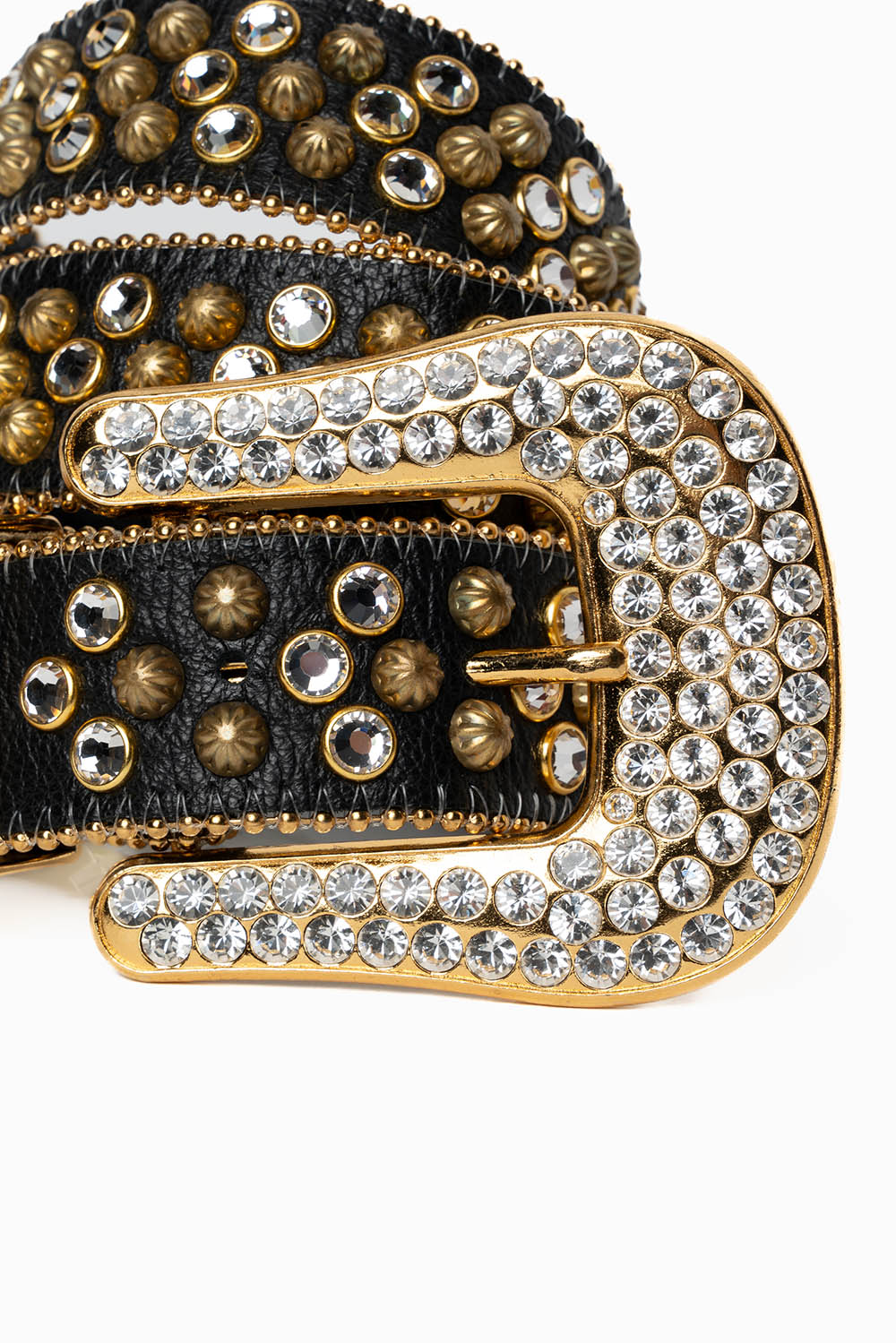 ROBIN'S JEAN BLK LEATHER BELT WITH CLEAR CRYSTALS & GOLD PARACHUTE STUDS