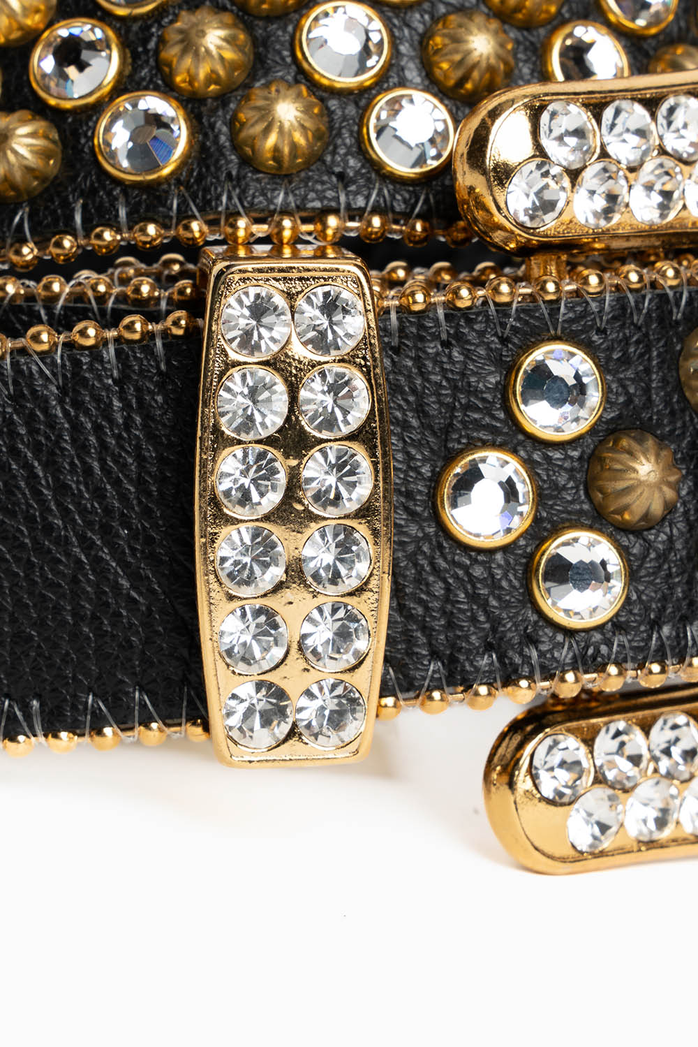 ROBIN'S JEAN BLK LEATHER BELT WITH CLEAR CRYSTALS & GOLD PARACHUTE STUDS