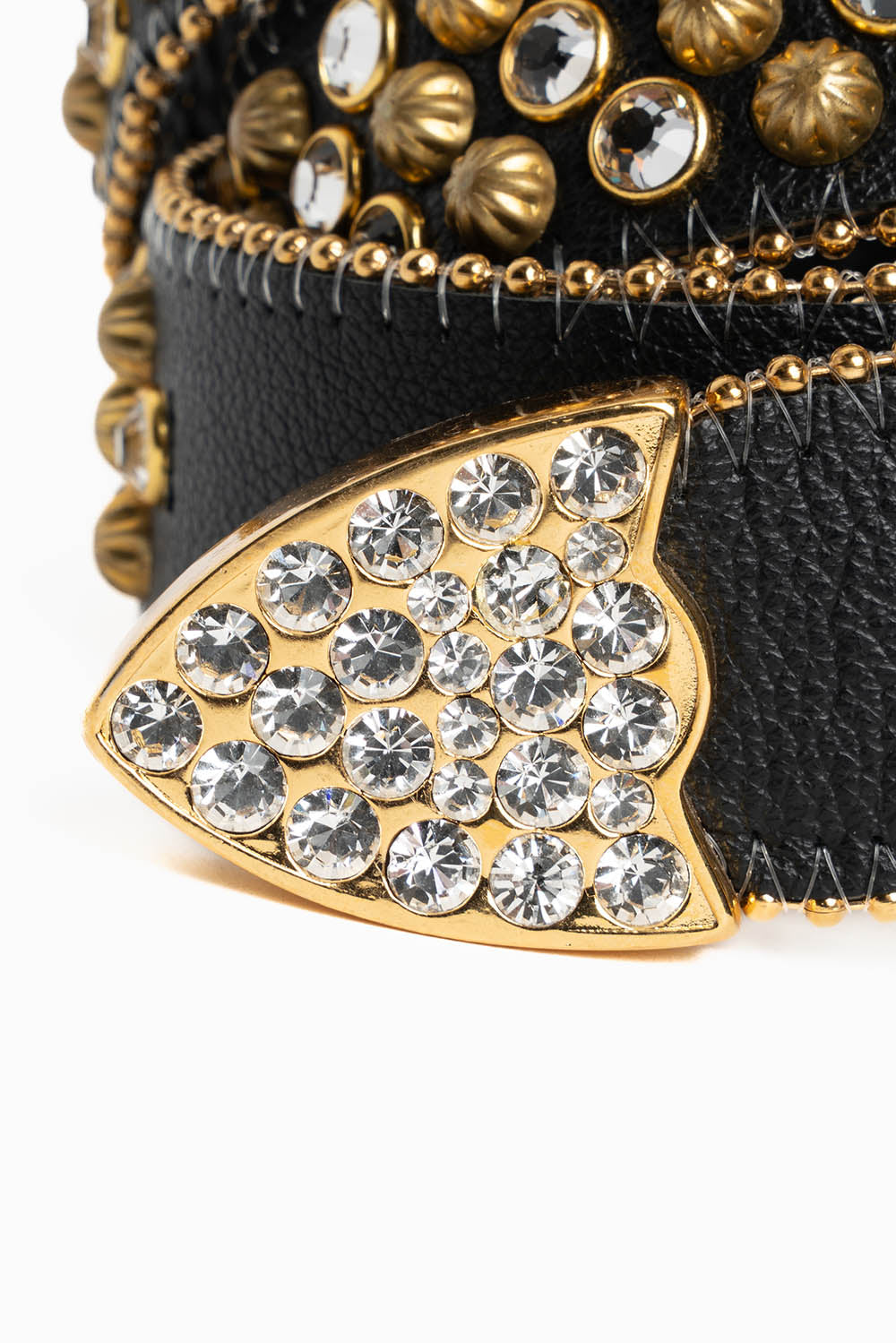 ROBIN'S JEAN BLK LEATHER BELT WITH CLEAR CRYSTALS & GOLD PARACHUTE STUDS