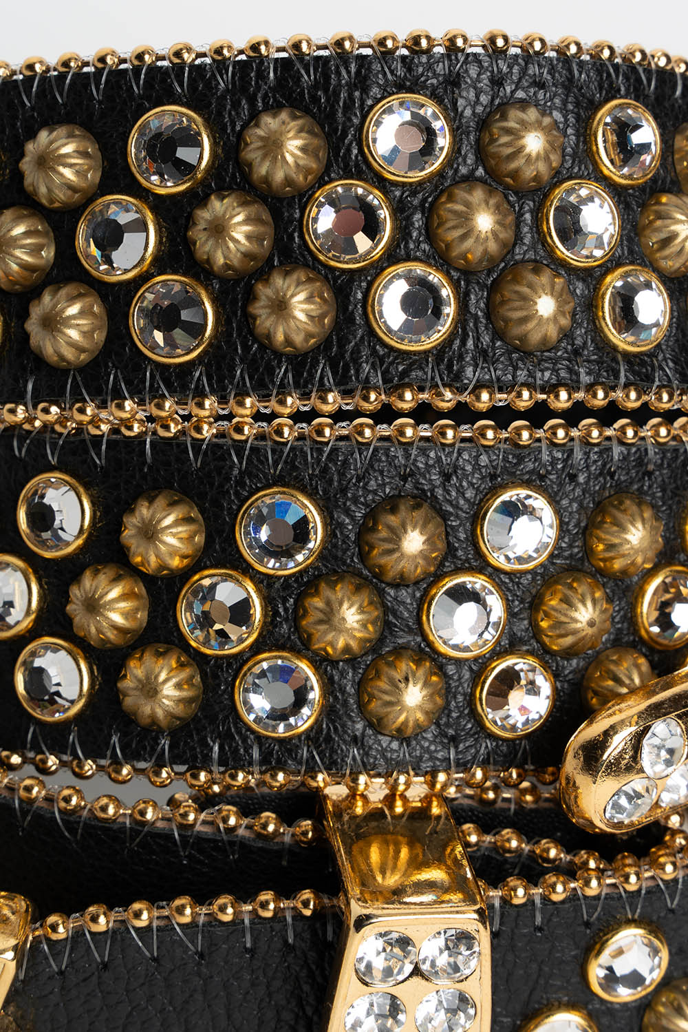 ROBIN'S JEAN BLK LEATHER BELT WITH CLEAR CRYSTALS & GOLD PARACHUTE STUDS