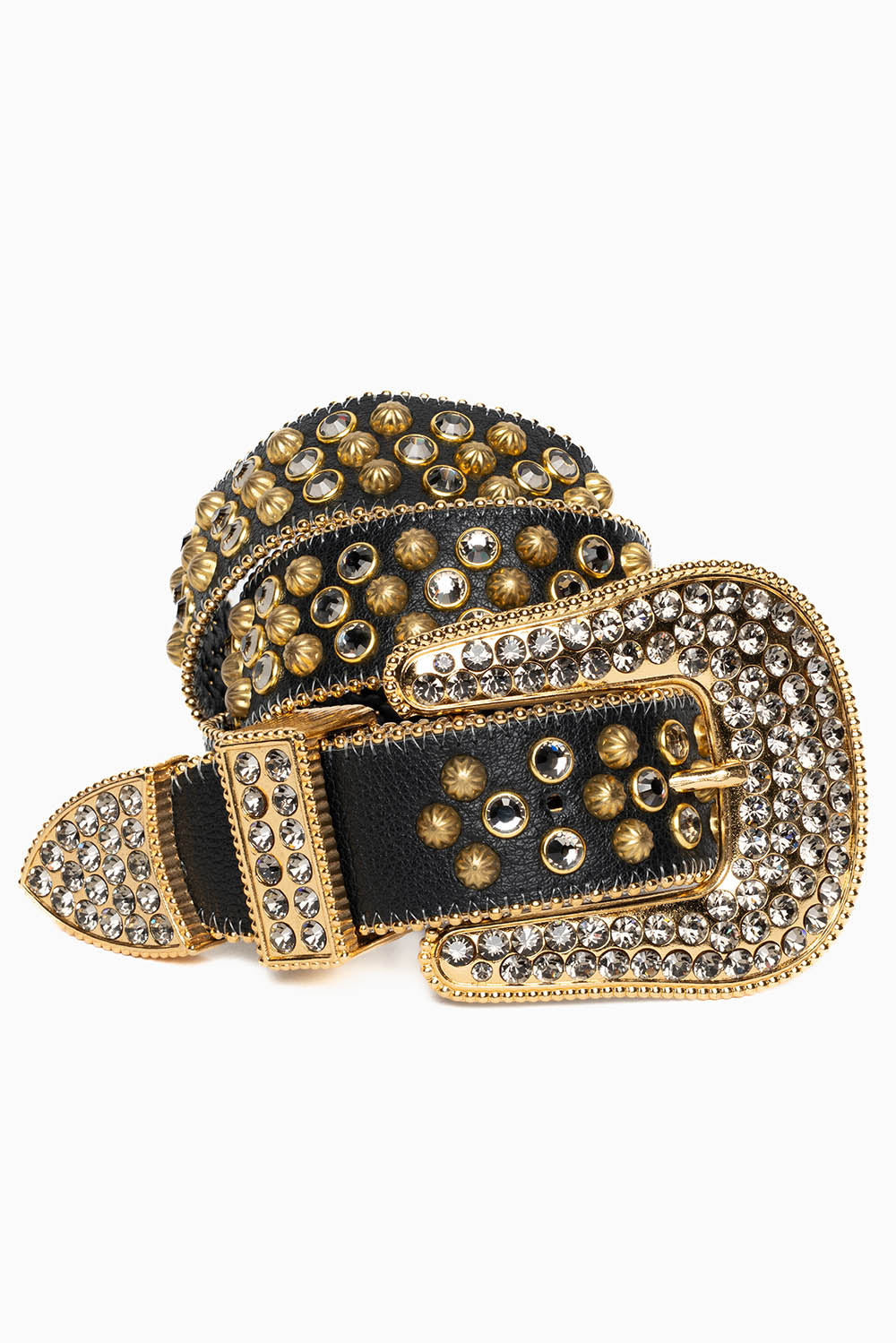 ROBIN'S JEAN BLK LEATHER BELT WITH BLK DIAMOND CRYSTALS & GOLD PARACHUTE STUDS