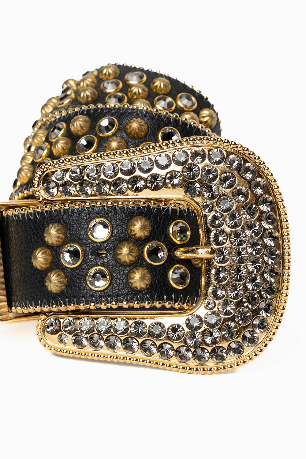 ROBIN'S JEAN BLK LEATHER BELT WITH BLK DIAMOND CRYSTALS & GOLD PARACHUTE STUDS
