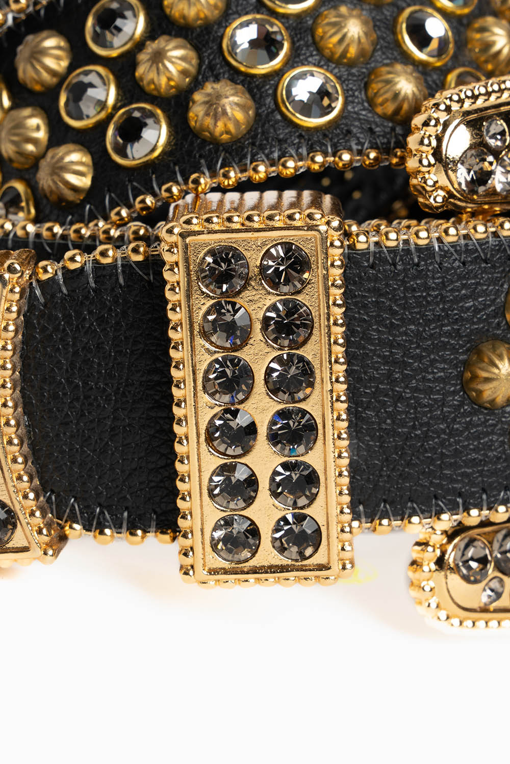 ROBIN'S JEAN BLK LEATHER BELT WITH BLK DIAMOND CRYSTALS & GOLD PARACHUTE STUDS