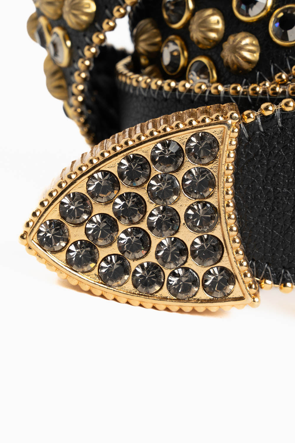 ROBIN'S JEAN BLK LEATHER BELT WITH BLK DIAMOND CRYSTALS & GOLD PARACHUTE STUDS