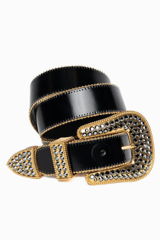 ROBIN'S JEAN BLK LEATHER BELT WITH BLK DIAMOND CRYSTALS
