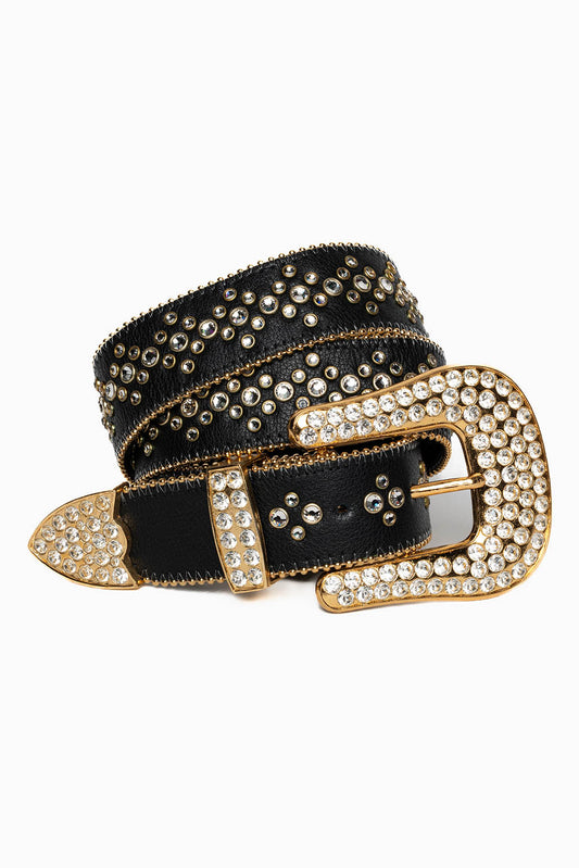 ROBIN'S JEAN BLACK LEATHER BELT WITH CLEAR CRYSTALS