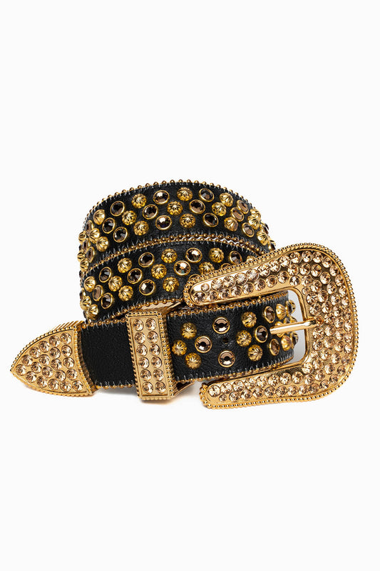 ROBIN'S JEAN BLK LEATHER BELT WITH AURUM CRYSTALS & PARACHUTE STUDS