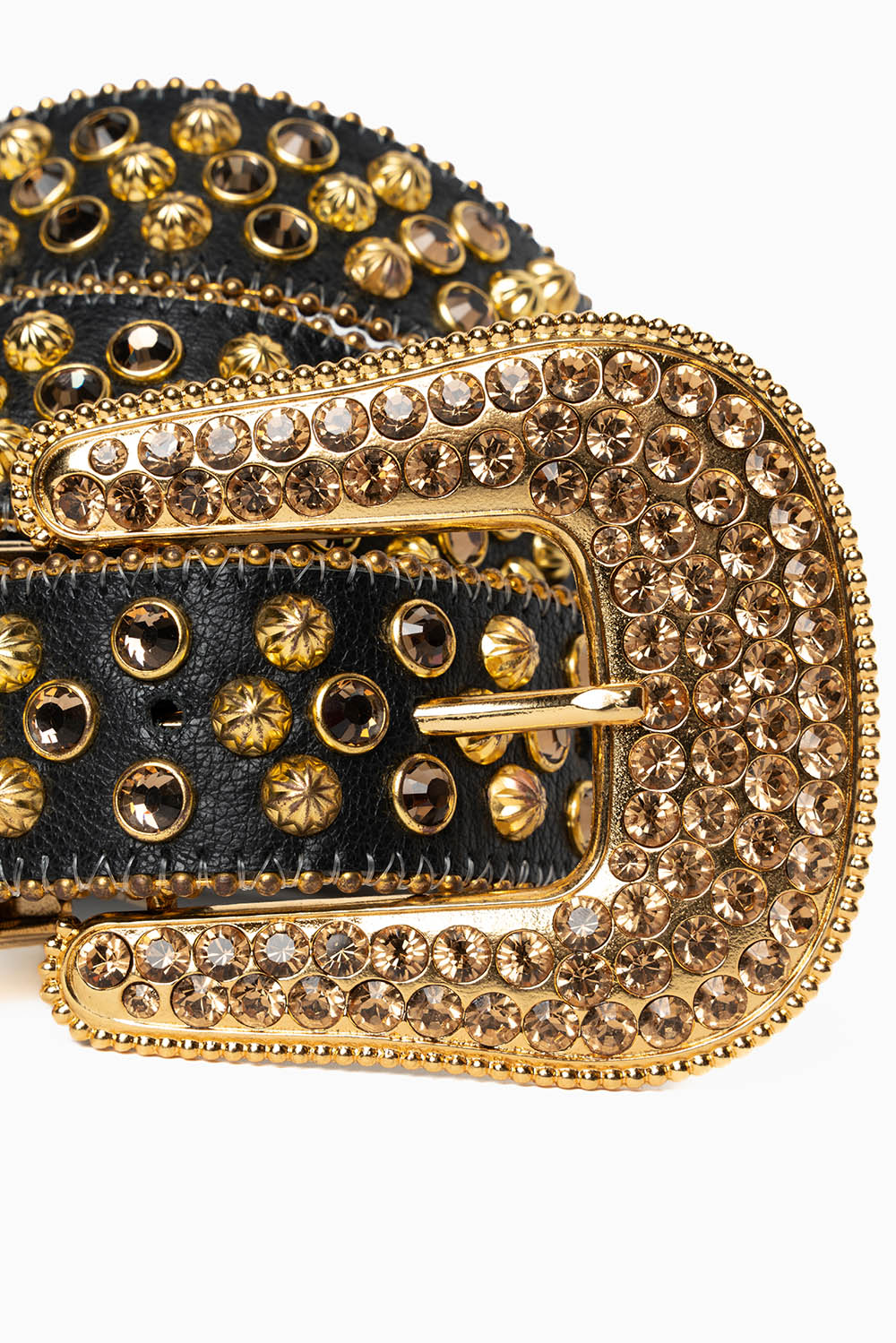 ROBIN'S JEAN BLK LEATHER BELT WITH AURUM CRYSTALS & PARACHUTE STUDS