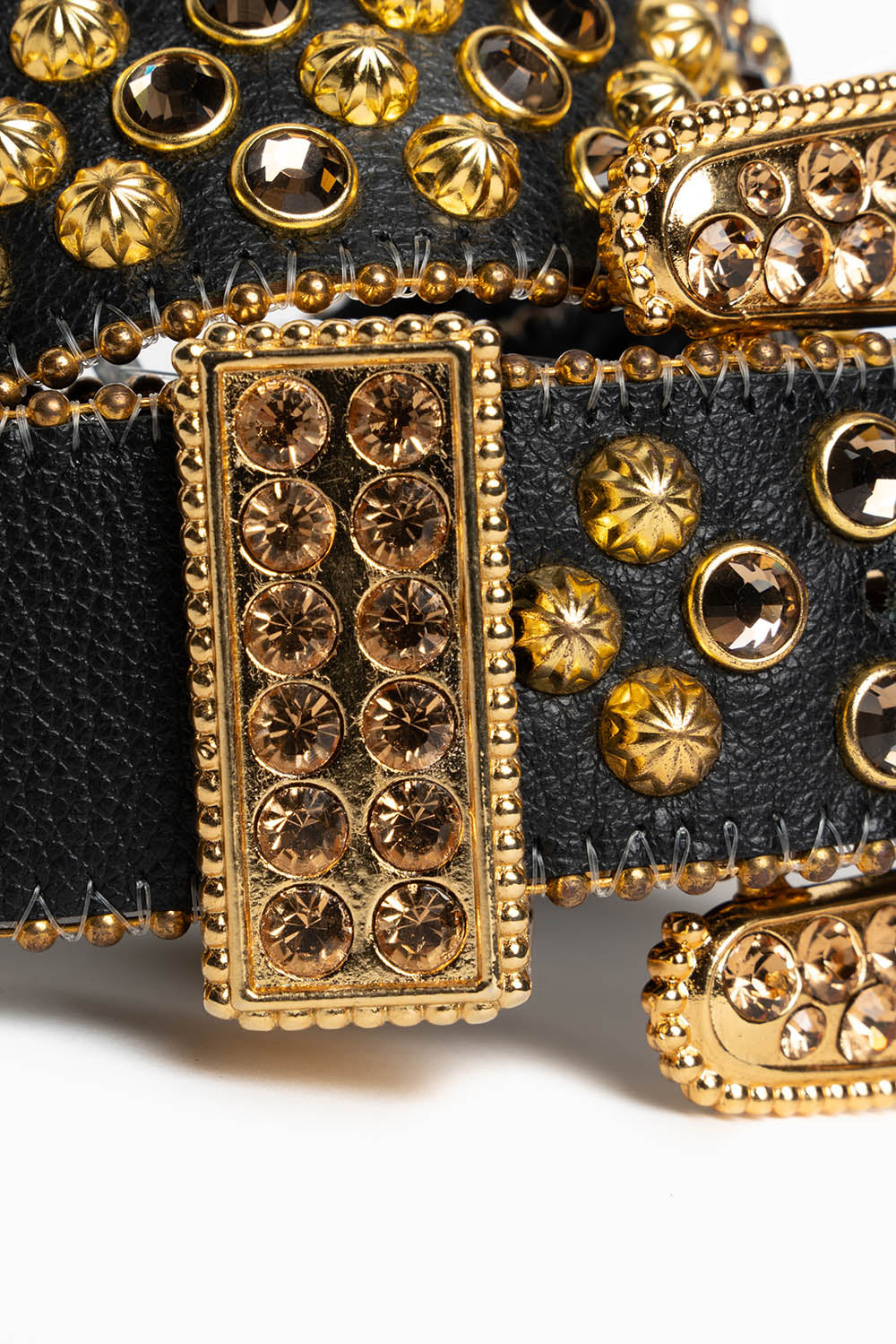 ROBIN'S JEAN BLK LEATHER BELT WITH AURUM CRYSTALS & PARACHUTE STUDS