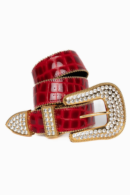 ROBIN'S JEAN RED PATENT LEATHER BELT WITH CLEAR CRYSTALS