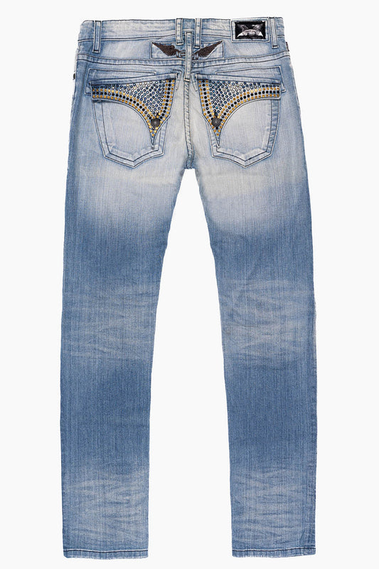 LONG FLAP MENS SLIM JEANS IN ELROY MEDIUM BROKEN WASH WITH FULL FLAP CRYSTALS