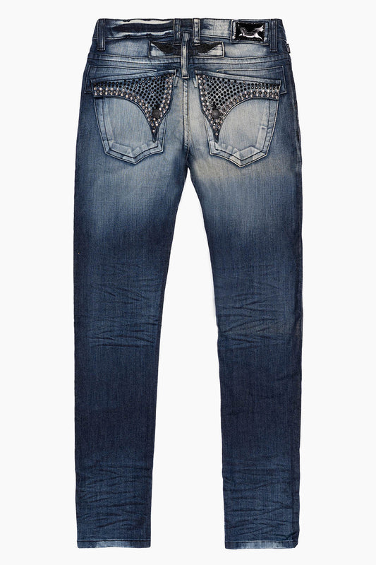 LONG FLAP MENS SLIM JEANS IN BLUE LEYTON DARK WASH WITH FULL FLAP CRYSTALS