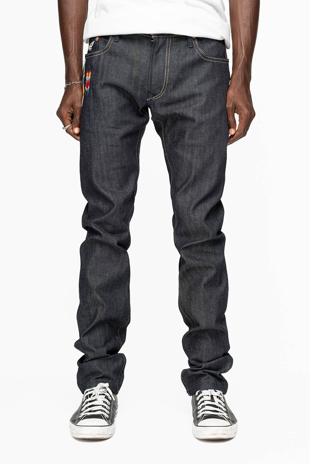 ROBIN’S INDIAN BONE STRIPE SLIM JEANS IN RAW DENIM EMBROIDERED INDIAN TRIBE MOTIF
