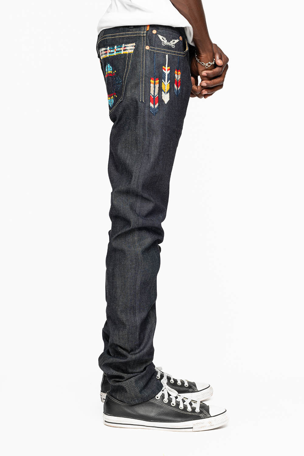 ROBIN’S INDIAN BONE STRIPE SLIM JEANS IN RAW DENIM EMBROIDERED INDIAN TRIBE MOTIF