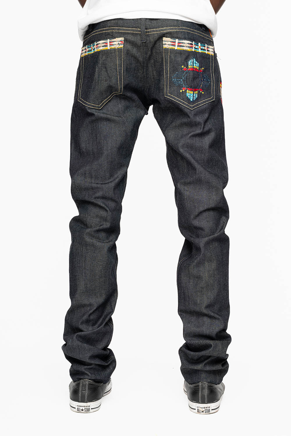 ROBIN’S INDIAN BONE STRIPE SLIM JEANS IN RAW DENIM EMBROIDERED INDIAN TRIBE MOTIF