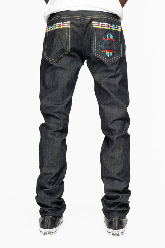 ROBIN’S INDIAN BONE STRIPE SLIM JEANS IN RAW DENIM EMBROIDERED INDIAN TRIBE MOTIF