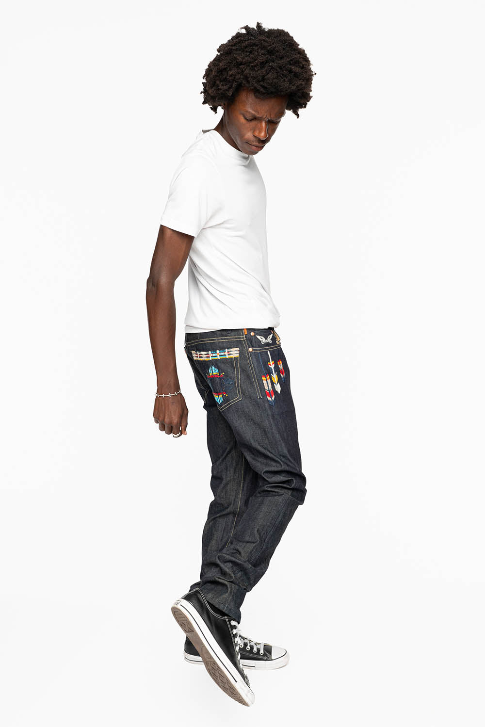 ROBIN’S INDIAN BONE STRIPE SLIM JEANS IN RAW DENIM EMBROIDERED INDIAN TRIBE MOTIF