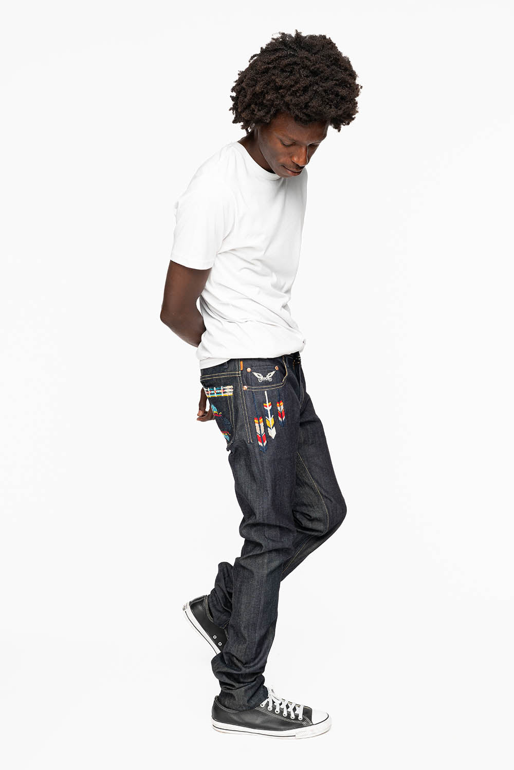 ROBIN’S INDIAN BONE STRIPE SLIM JEANS IN RAW DENIM EMBROIDERED INDIAN TRIBE MOTIF