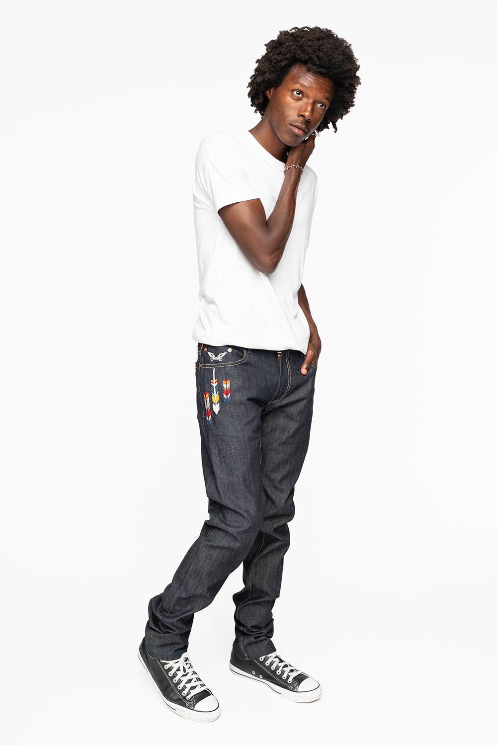 ROBIN’S INDIAN BONE STRIPE SLIM JEANS IN RAW DENIM EMBROIDERED INDIAN TRIBE MOTIF