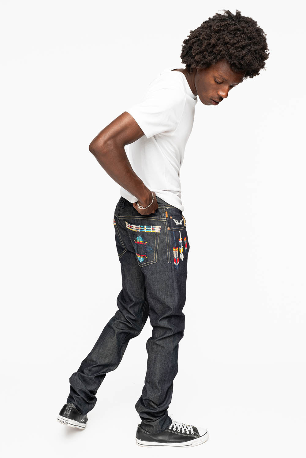 ROBIN’S INDIAN BONE STRIPE SLIM JEANS IN RAW DENIM EMBROIDERED INDIAN TRIBE MOTIF