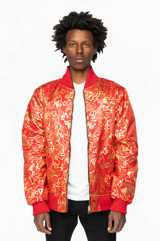 ROBIN’S REVERSIBLE VARSITY BOMBER JACKET IN RED/GOLD