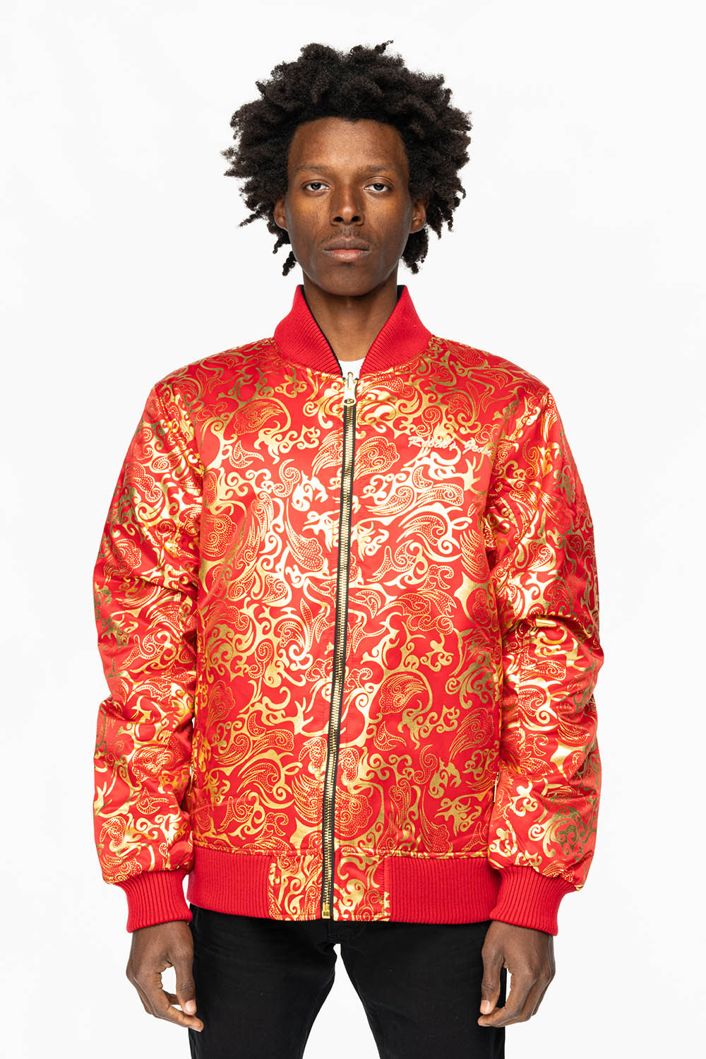 ROBIN’S REVERSIBLE VARSITY BOMBER JACKET IN RED/GOLD