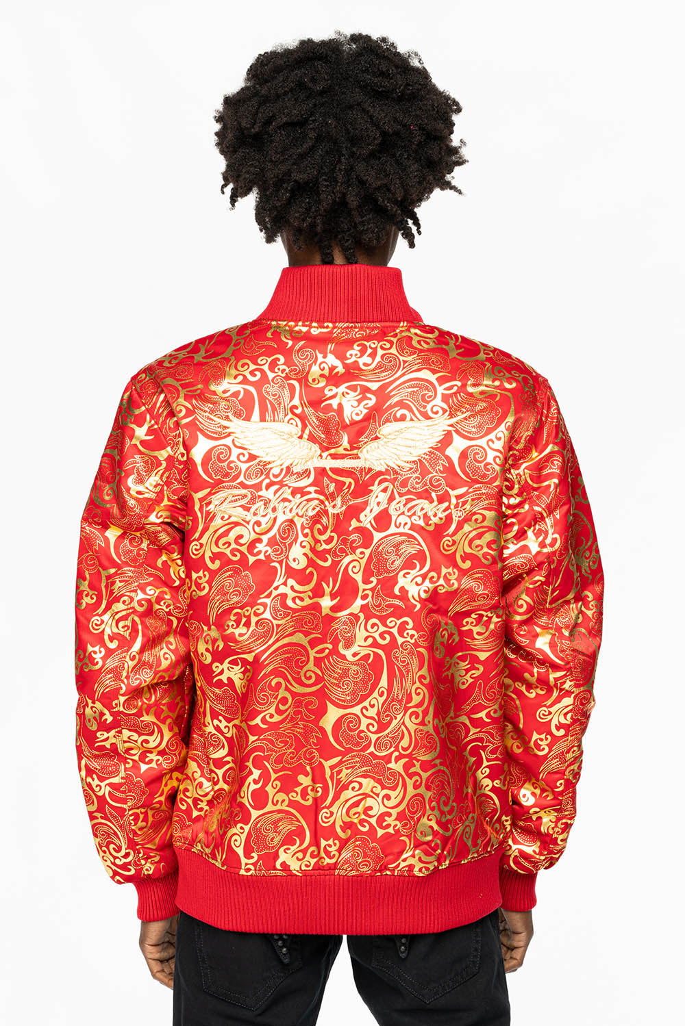 ROBIN’S REVERSIBLE VARSITY BOMBER JACKET IN RED/GOLD