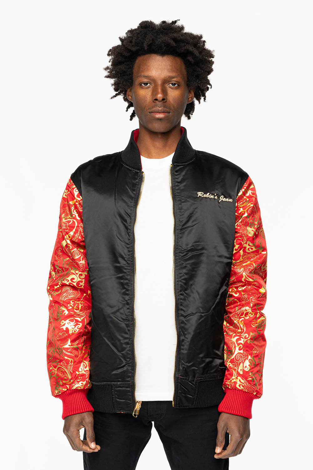 ROBIN’S REVERSIBLE VARSITY BOMBER JACKET IN RED/GOLD