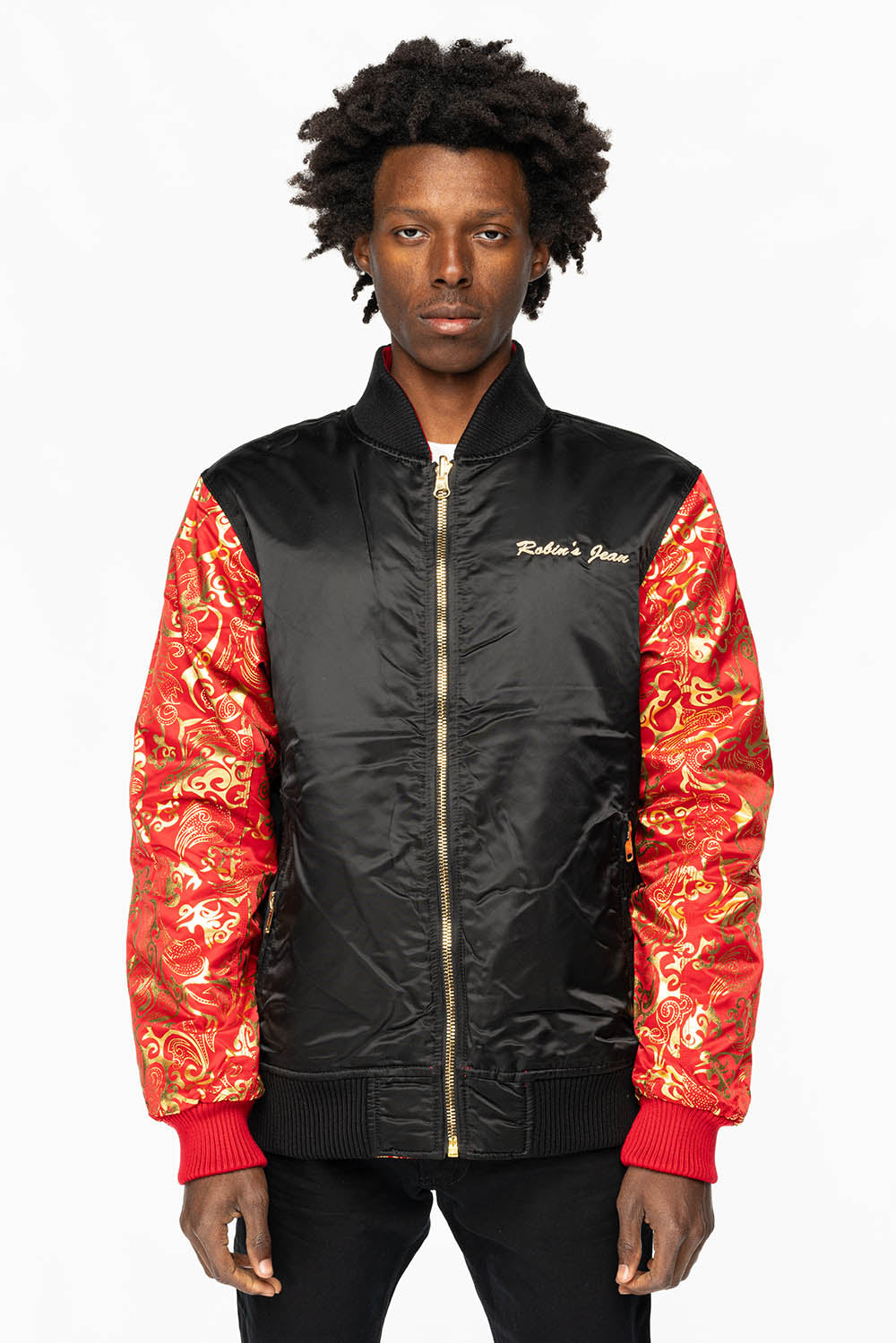 ROBIN’S REVERSIBLE VARSITY BOMBER JACKET IN RED/GOLD