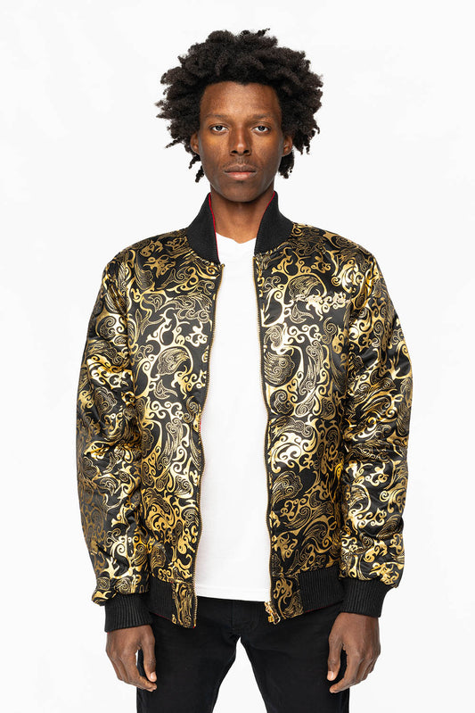 ROBIN’S REVERSIBLE VARSITY BOMBER JACKET IN BLACK/GOLD