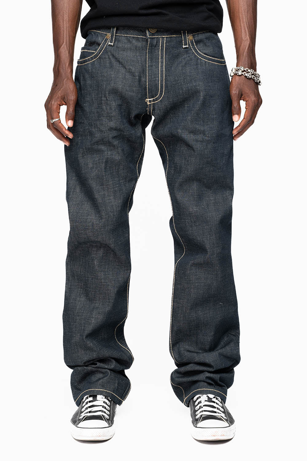 ROBIN’S GTBLK 5 POCKET STRAIGHT LEG JEANS IN RAW RED SALVAGED DENIM WITH  GTBLK RACING PATCH