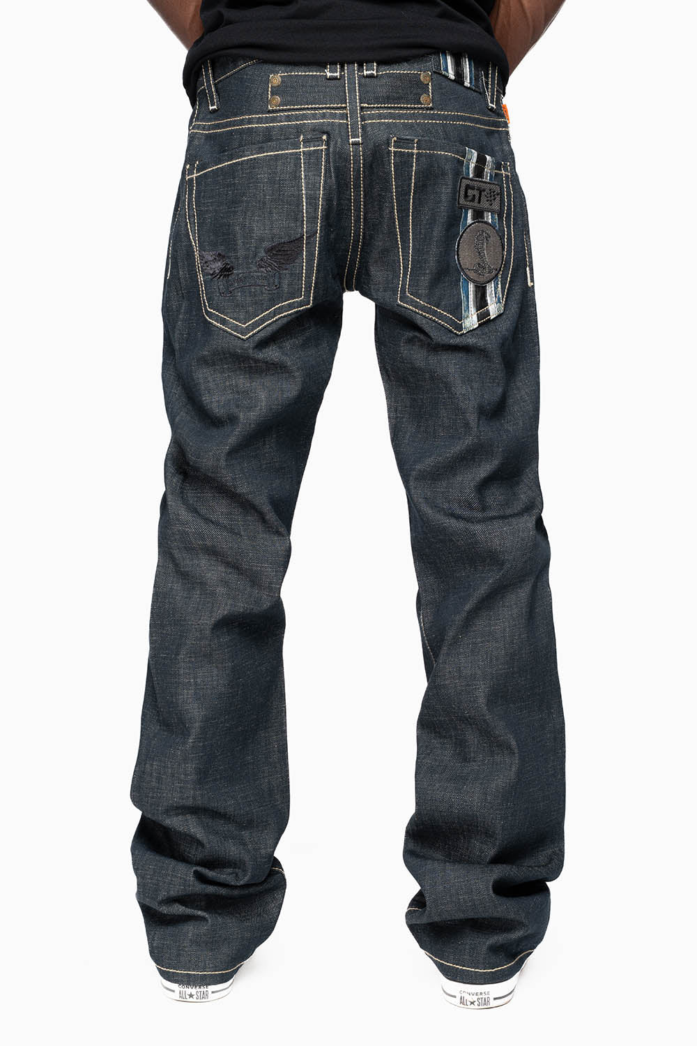 ROBIN’S GTBLK 5 POCKET STRAIGHT LEG JEANS IN RAW RED SALVAGED DENIM WITH  GTBLK RACING PATCH