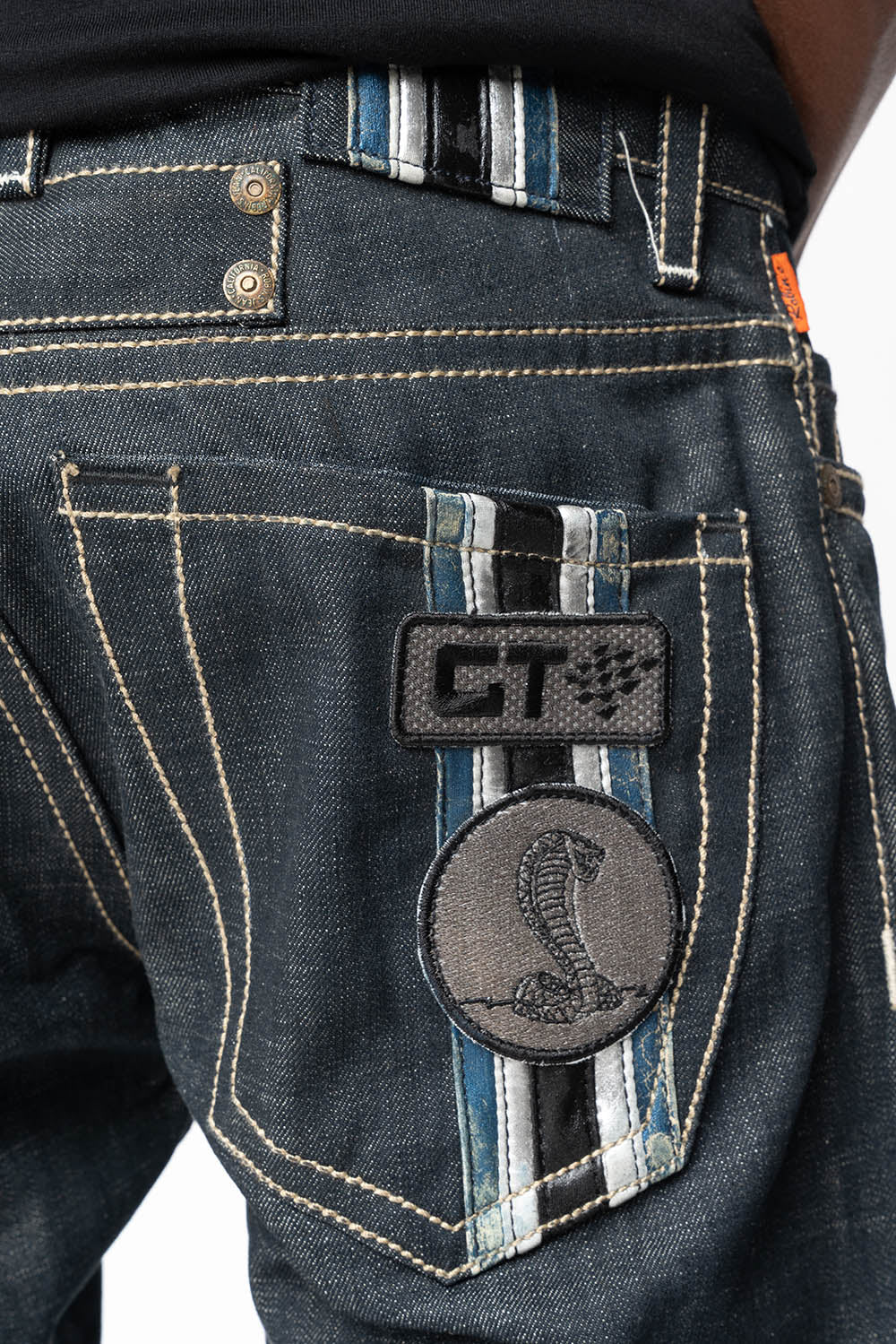 ROBIN’S GTBLK 5 POCKET STRAIGHT LEG JEANS IN RAW RED SALVAGED DENIM WITH  GTBLK RACING PATCH