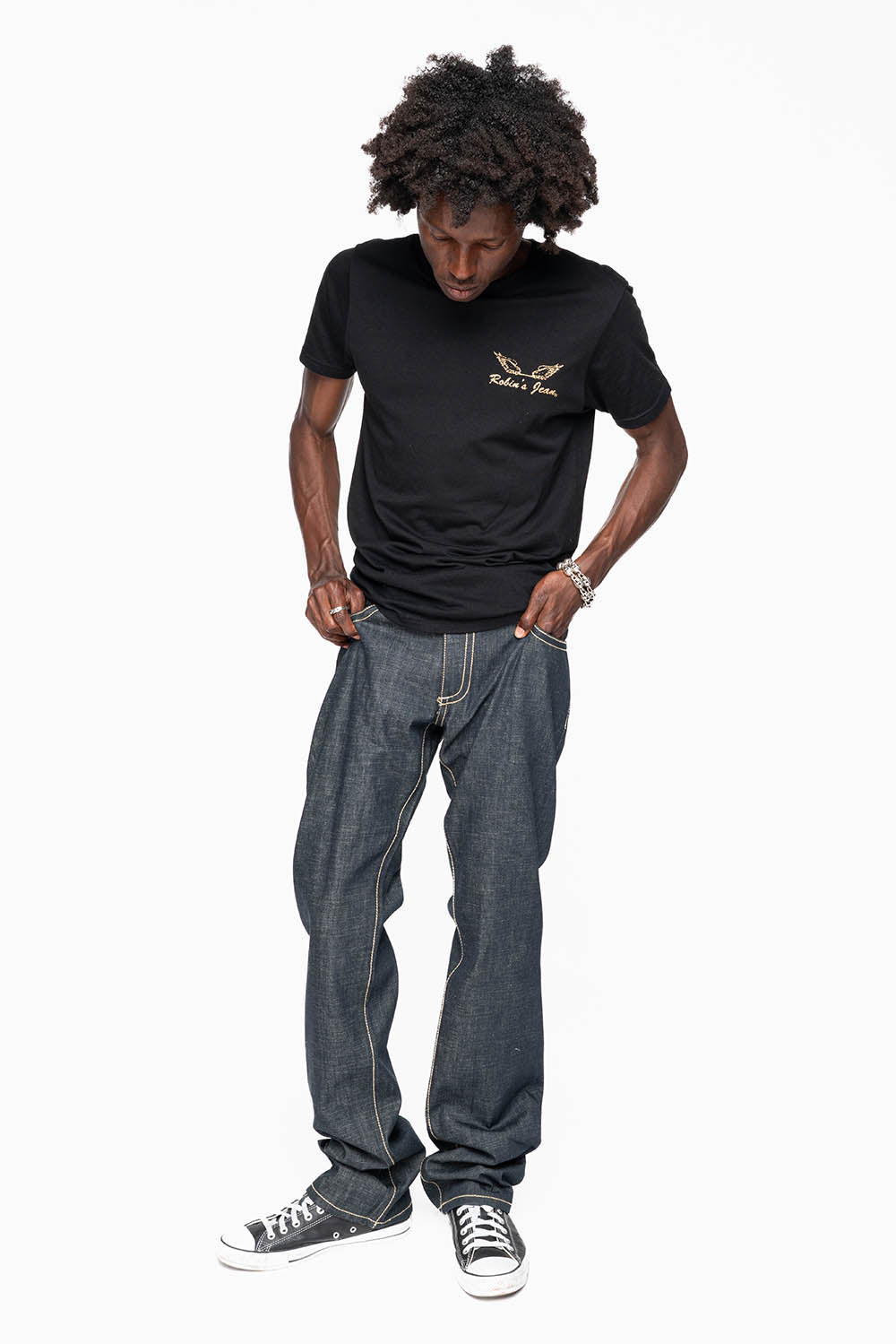 ROBIN’S GTBLK 5 POCKET STRAIGHT LEG JEANS IN RAW RED SALVAGED DENIM WITH  GTBLK RACING PATCH