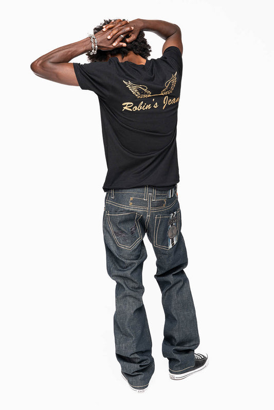ROBIN’S GTBLK 5 POCKET STRAIGHT LEG JEANS IN RAW RED SALVAGED DENIM WITH  GTBLK RACING PATCH