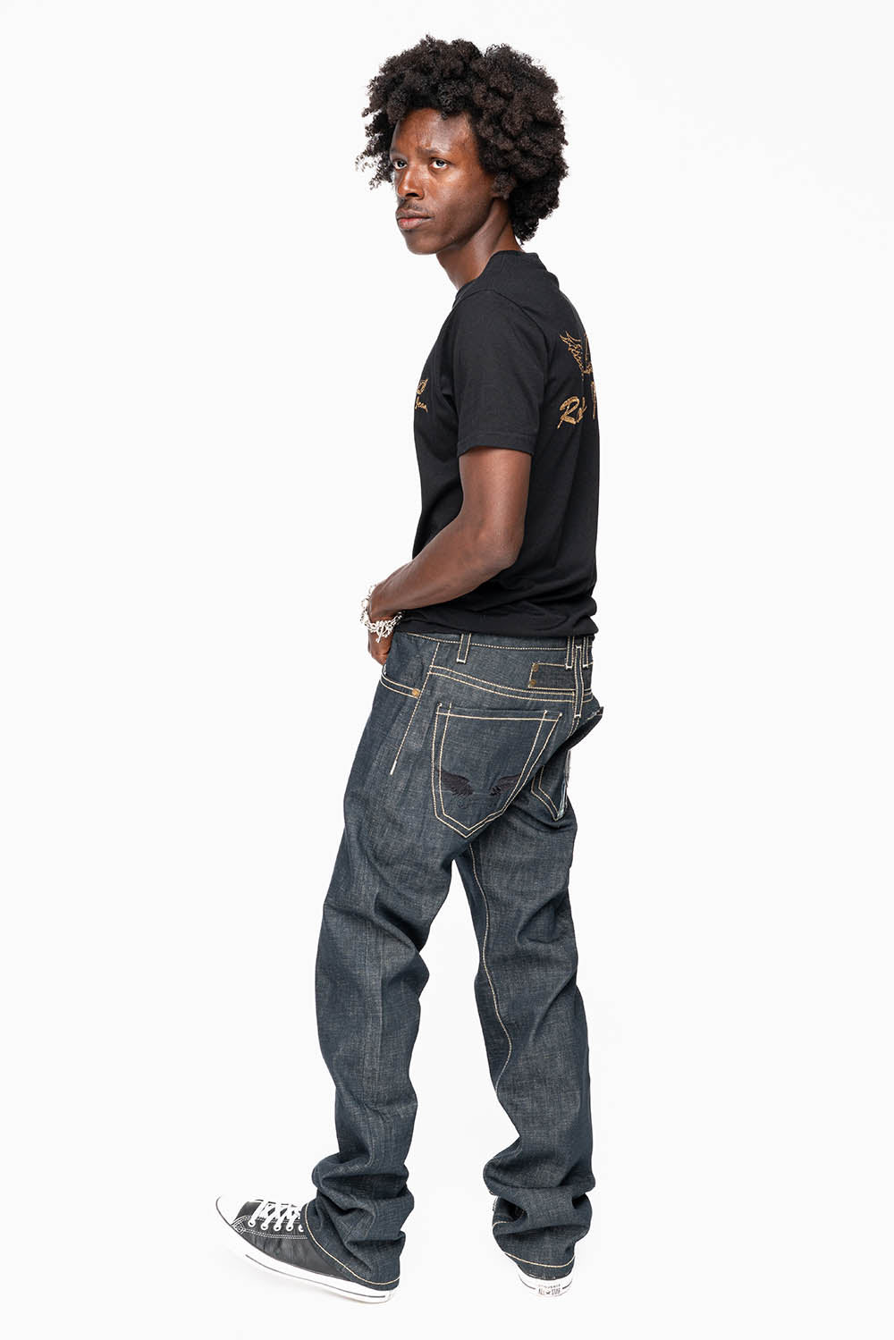 ROBIN’S GTBLK 5 POCKET STRAIGHT LEG JEANS IN RAW RED SALVAGED DENIM WITH  GTBLK RACING PATCH