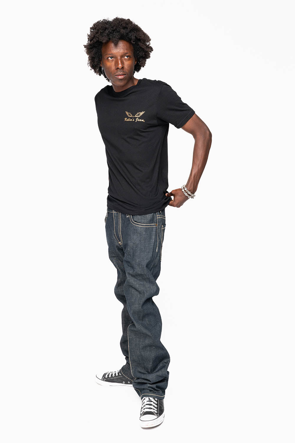 ROBIN’S GTBLK 5 POCKET STRAIGHT LEG JEANS IN RAW RED SALVAGED DENIM WITH  GTBLK RACING PATCH