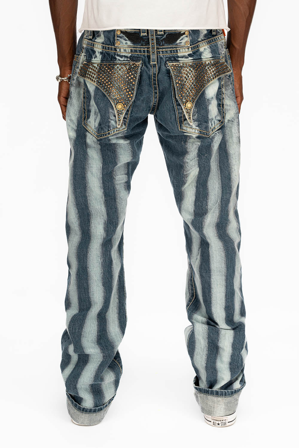 MENS LONG FLAP STRAIGHT LEG HEAVY STITCHING JEANS WITH CRYSTALS