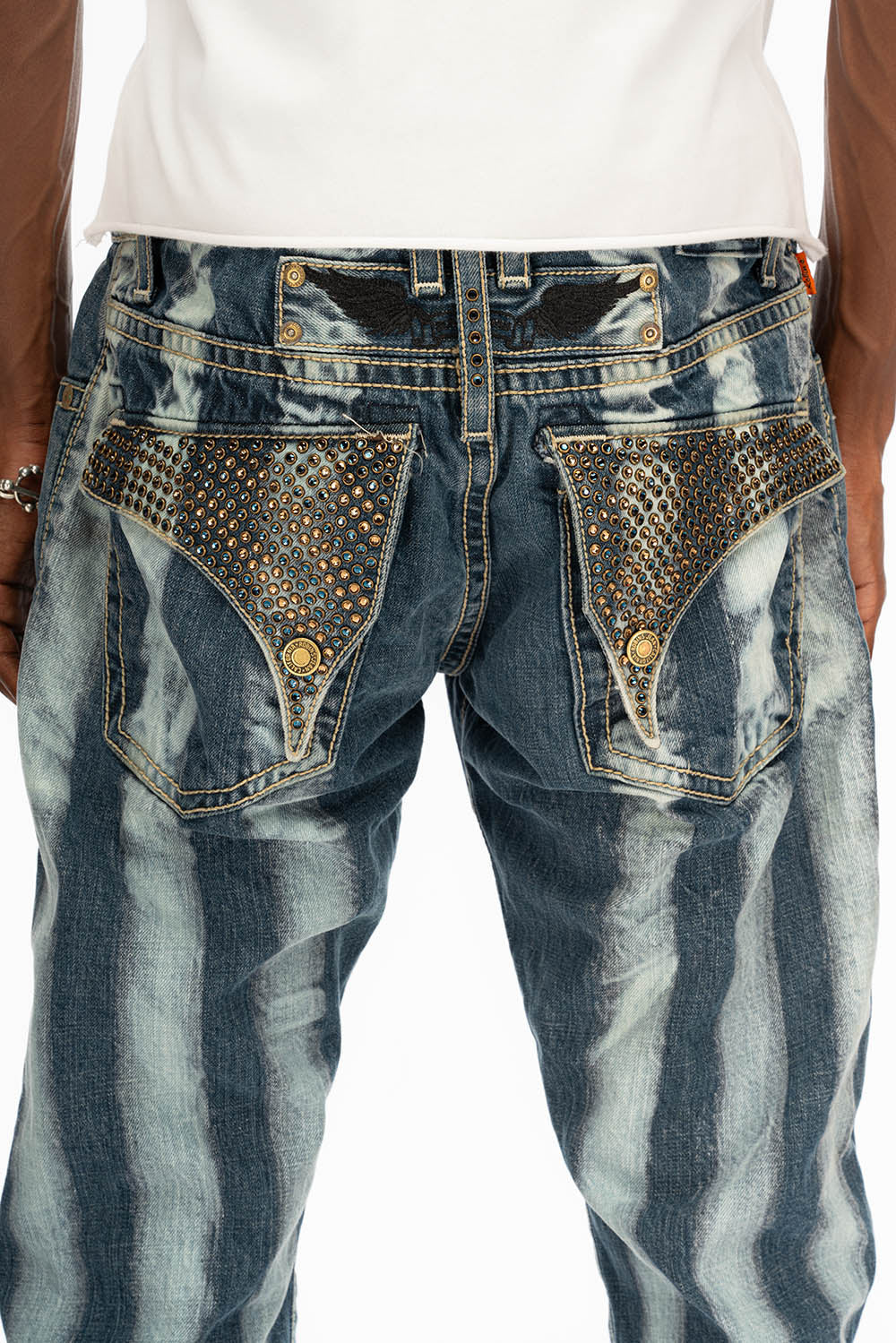 MENS LONG FLAP STRAIGHT LEG HEAVY STITCHING JEANS WITH CRYSTALS